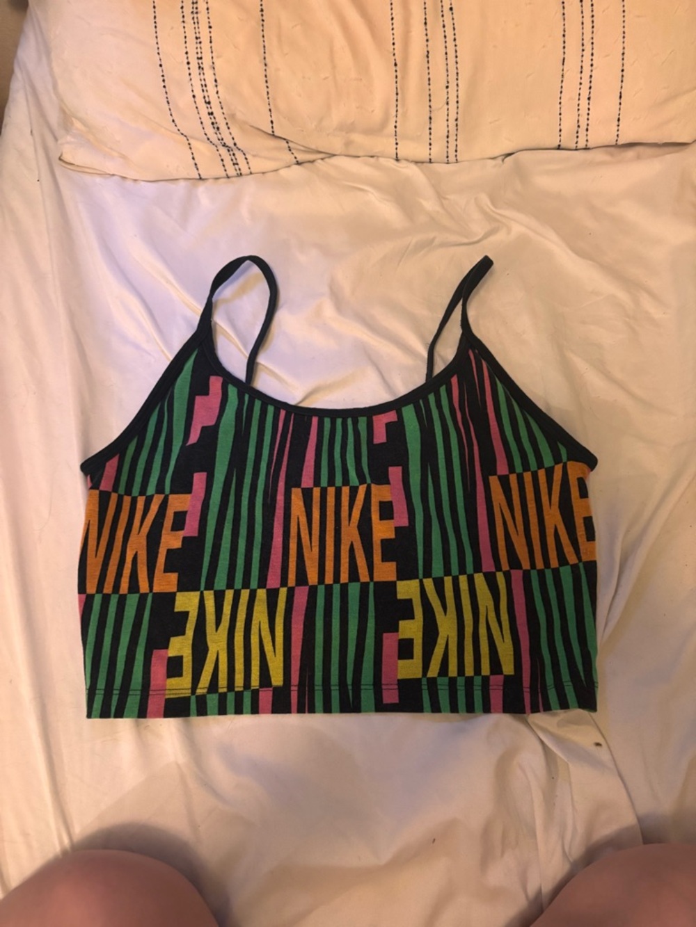 Nike Multicolor Graphic Strappy Crop Top - Black Base with Green, Pink, Yellow